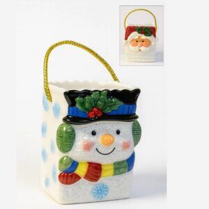 Christmas Jar Ceramic Square Double-Sided Santa & Snowman 5.5” H x 5” W x 3” D
